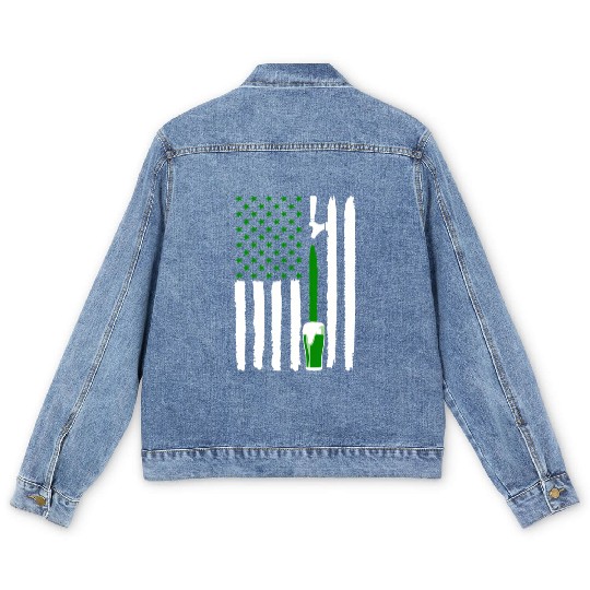 Green St PatricDay Beer American Flag Patriotic Ir Men's Denim Jackets
