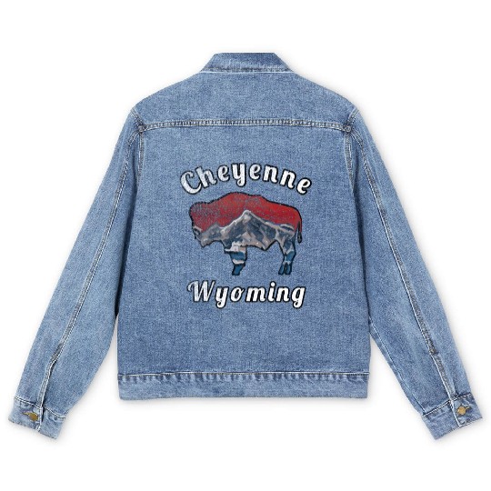 Cheyenne Wyoming With Flag Themed Mountain Scenery Men's Denim Jackets