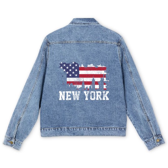New York City Nyc Skyline Usa Flag America Men's Denim Jackets