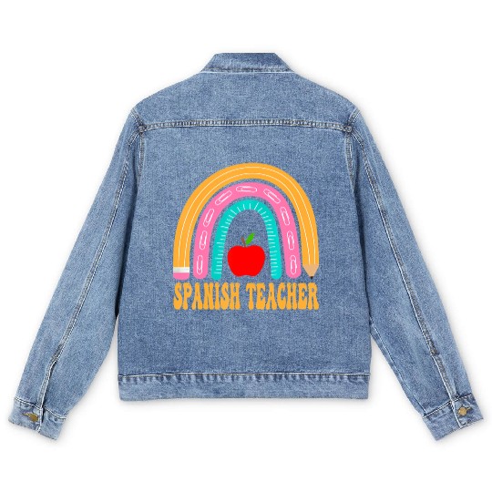 Spanish Teacher Rainbow Pencil Back To School Appr Men's Denim Jackets