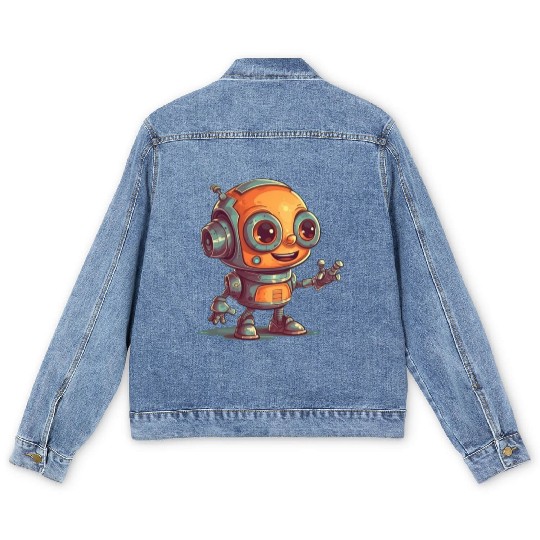 Cute waving robot illustration technology friendly Men's Denim Jackets