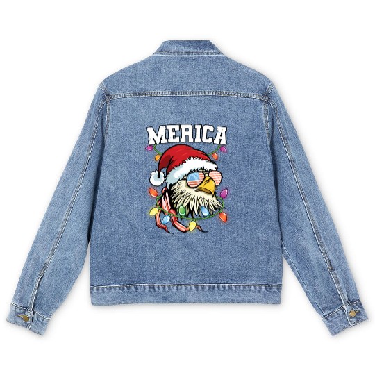 Merica Usa Flag Patriotic Veteran Santa Bald Eagle Men's Denim Jackets