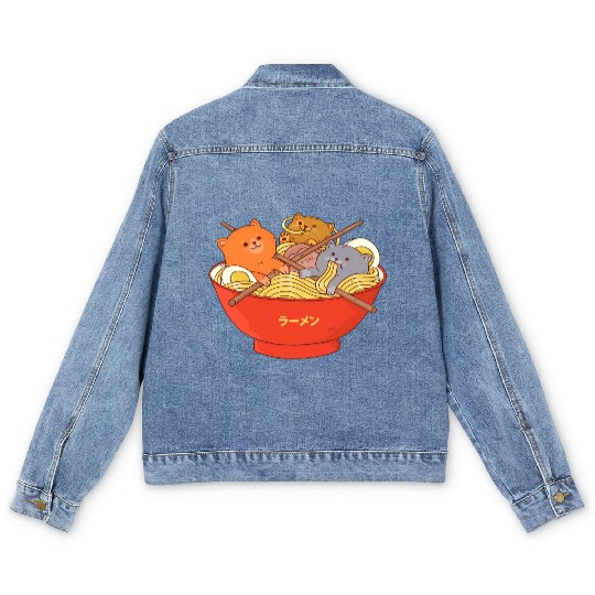 Kawaii Anime Cat Japanese Ramen Noodle Men's Denim Jackets