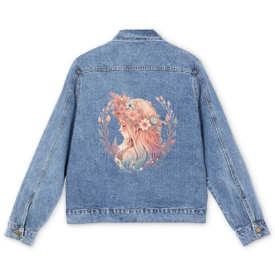 Beautiful Flower Crown Girl Pastel Fairy Cottageco Men's Denim Jackets