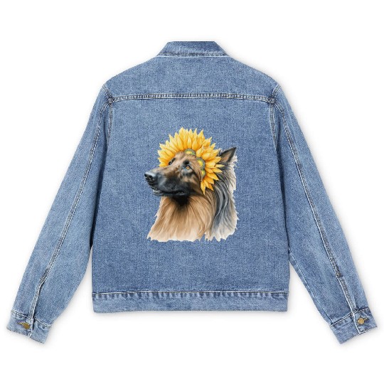 Watercolor Belgian Sheepdog Sunflower Dog Breed Pe Men's Denim Jackets