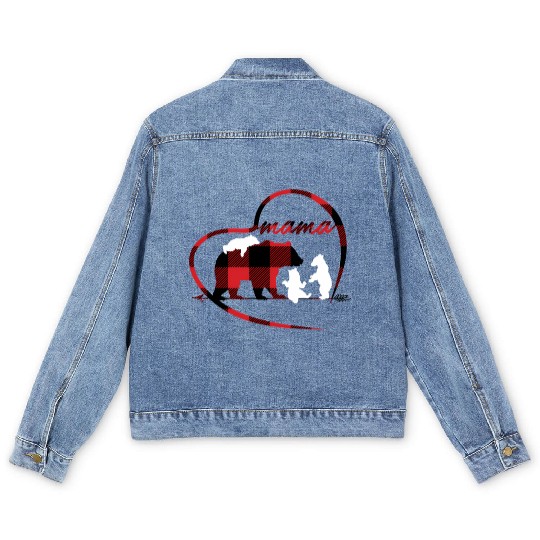 Mama Bear 3 Cubs Red Buffalo Plaid Heart For Mom Men's Denim Jackets
