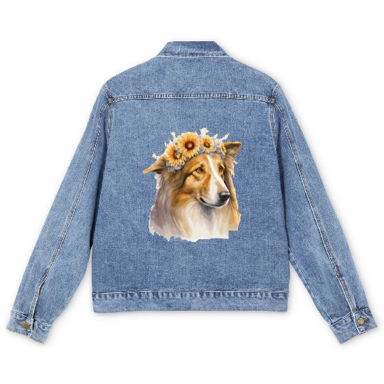 Cute Collie Sunflower Dog Breed Pet Puppy Men's Denim Jackets