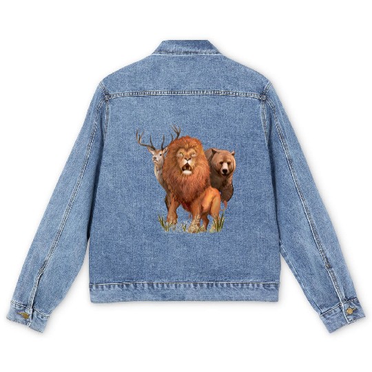 Animals,Lion,Bear and deer, wild animals Men's Denim Jackets