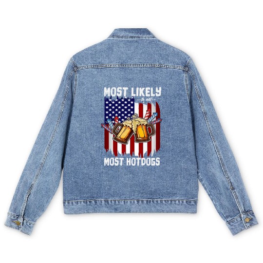 4th Of July Party Most Likely To Eat Hotdogs Men's Denim Jackets