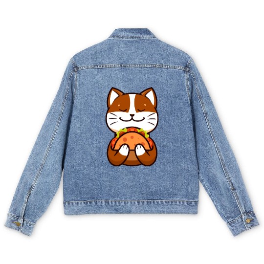 Brown Cat Cartoon Tacos Funny Cute Taco Lover Men's Denim Jackets