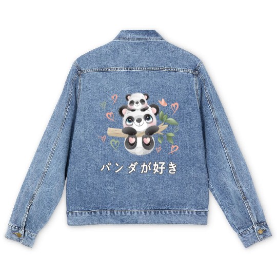 I Love Pandas Love Mom Panda Bear Men's Denim Jackets