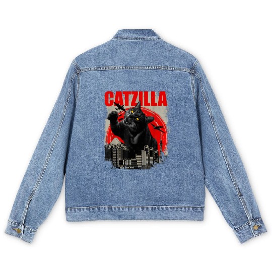 Catzilla Vintage Funny Cute Cat Art Japanese Sunse Men's Denim Jackets