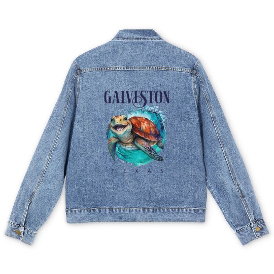 Galveston Texas Watercolor Happy Sea Turtle Men's Denim Jackets