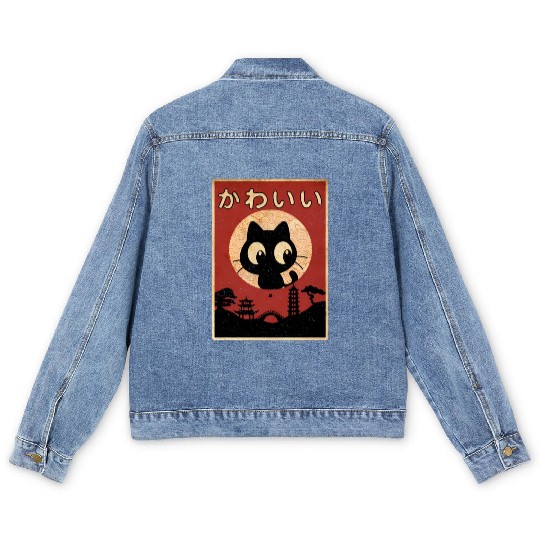 Vintage Kawaii Cat Japanese Black Anime Men's Denim Jackets