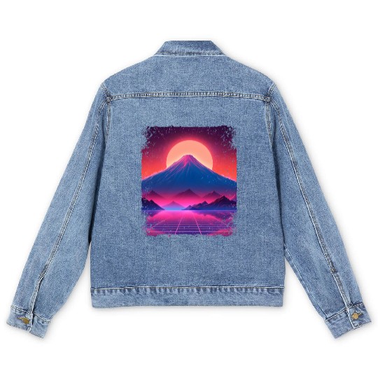 Aesthetic Vaporwave Japan Sight Mount Fuji Volcano Men's Denim Jackets