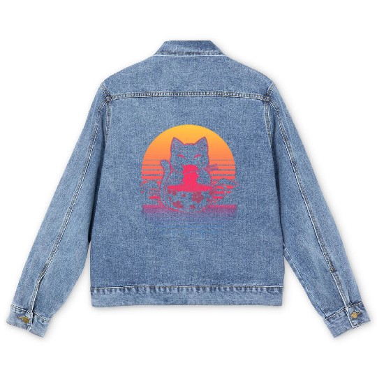 Kawaii Ra Neko Retro Cat Japanese Noodle Anime Men's Denim Jackets