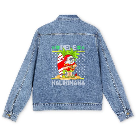 Mele Kalikimaka Santa Claus Surfer Guitar Men's Denim Jackets