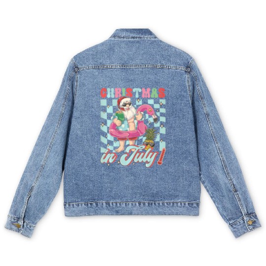 Christmas In July Groovy Santa Flamingo Float Men's Denim Jackets