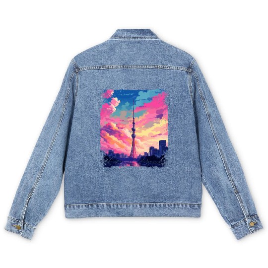 Vaporwave Skytree Tokyo Aesthetic Japanese Sight Men's Denim Jackets