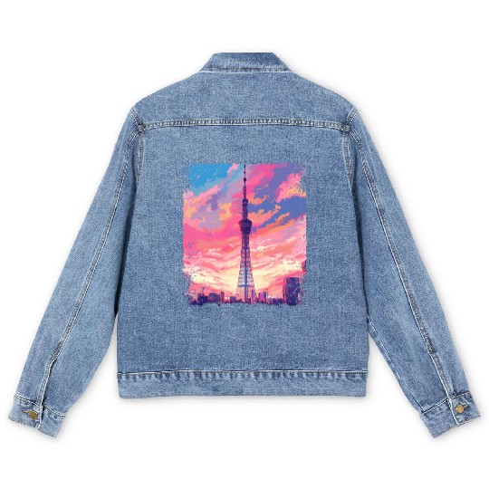 Vaporwave Aesthetic Skytree Tokyo Japanese Sight Men's Denim Jackets