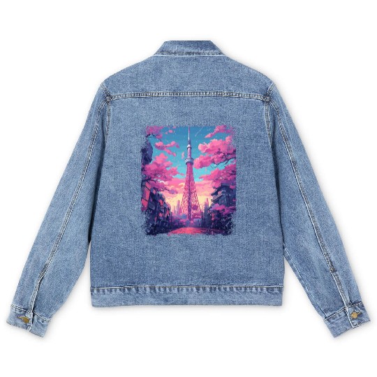 Vaporwave Aesthetic Skytree Tokyo Japanese Sight Men's Denim Jackets