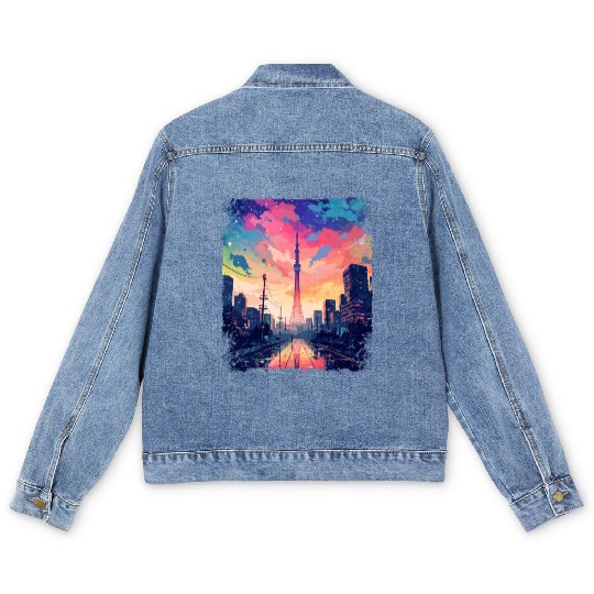 Vaporwave Japanese Aesthetic Skytree Tokyo Sight Men's Denim Jackets