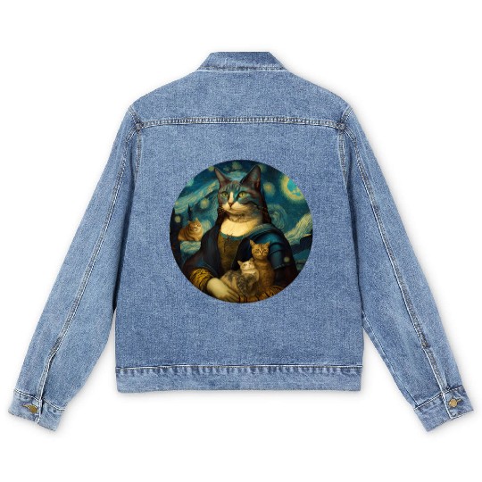 Mona Lisa With Cats Starry Night Van Gogh Painting Men's Denim Jackets