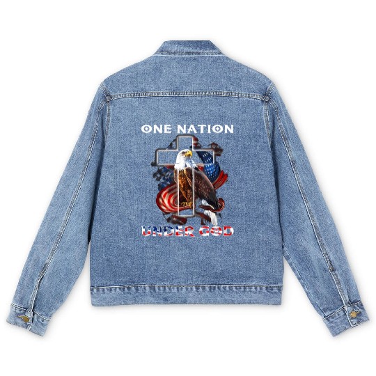 One Nation Under God Jesus Usa Cross Bald Eagle Men's Denim Jackets