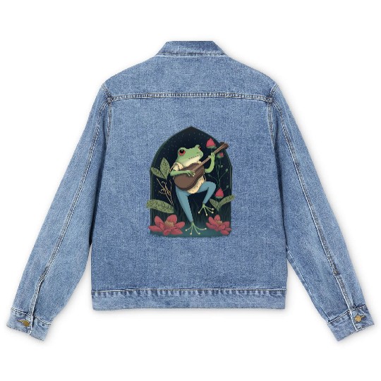 Cottagecore Aesthetic Frog Playing Banjo Men's Denim Jackets