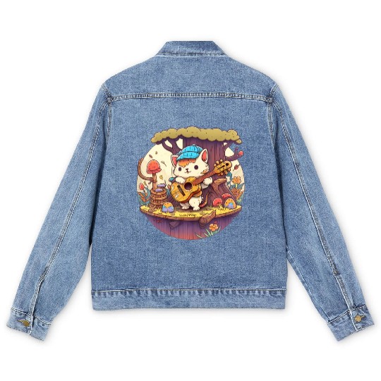 Cute Kawaii Cat Playing Guitar Banjo On Log Men's Denim Jackets