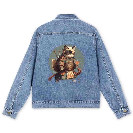 Samurai Cat Warrior Japanese Ninja Cat Kawaii Men's Denim Jackets