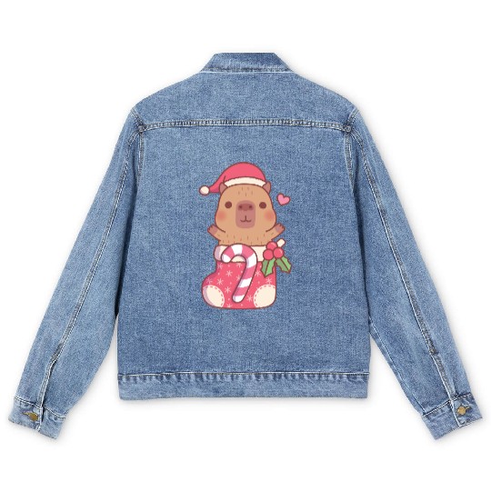 Cute Capybara In Christmas Stocking With Candy Men's Denim Jackets