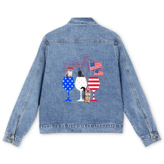 Cat 4Th Of July Red White Blue Wine Men's Denim Jackets