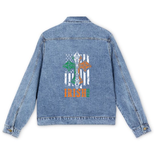 Irish American Flag Celtic Cross Men's Denim Jackets