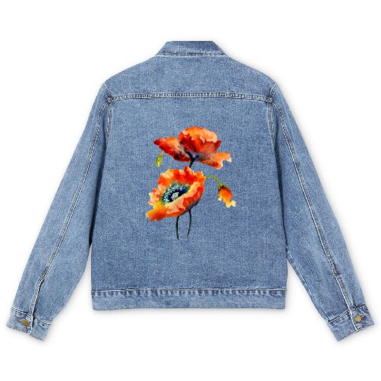 RED POPPIES Men's Denim Jackets, WATERCOLOR RED POPPIES TOP