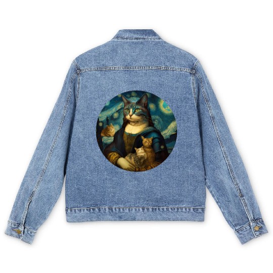 Mona Lisa With Cats Starry Night Van Gogh Painting Men's Denim Jackets