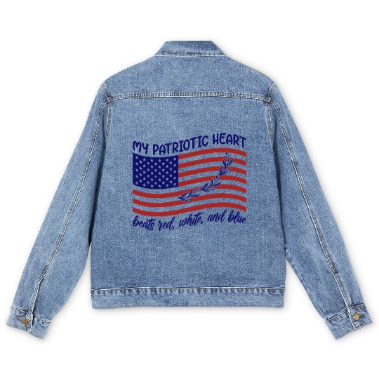 My patriotic heart beats red white and blue Men's Denim Jackets