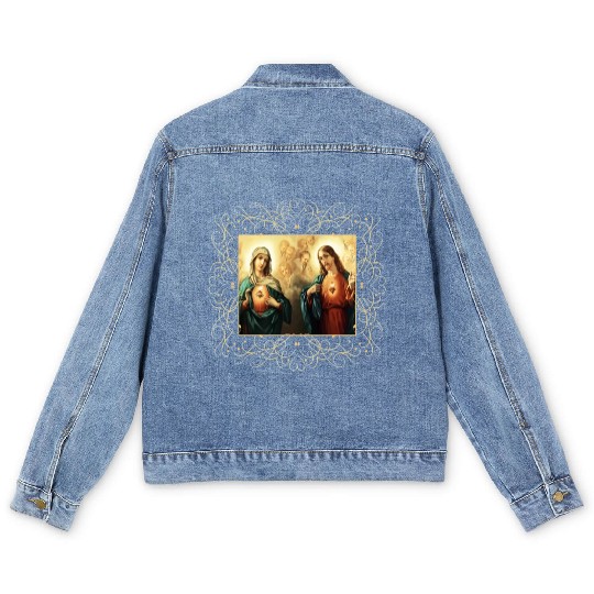Sacred Heart and Immaculate Heart Picture Jesus an Men's Denim Jackets