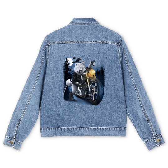 Wolf Riding Chopper Motorcycle In Full Moon Men's Denim Jackets