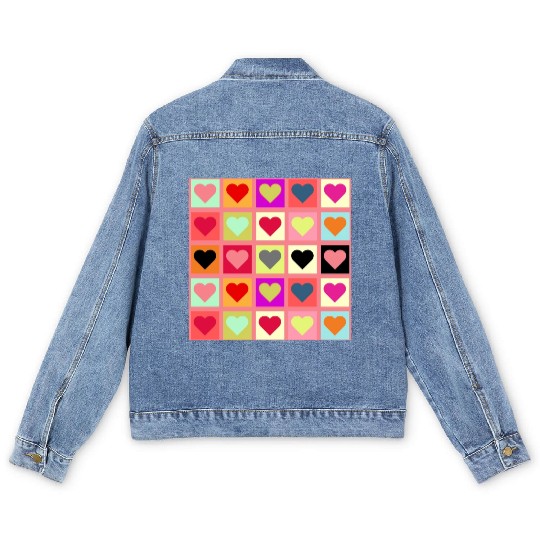 Colorful Retro Vintage Checkered Heart Y2K Pattern Men's Denim Jackets