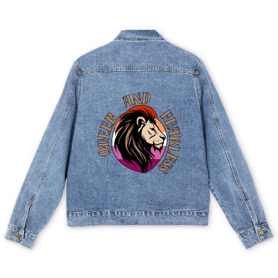 LGBTQ Queer and Fearless, Lion with Lesbian Flag Men's Denim Jackets