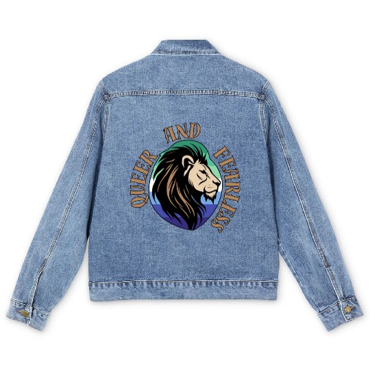 LGBTQ Queer and Fearless, Lion with Gay Flag Men's Denim Jackets