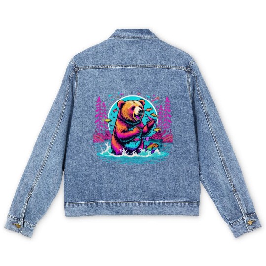 Joyful Bear Fishing in River Men's Denim Jackets