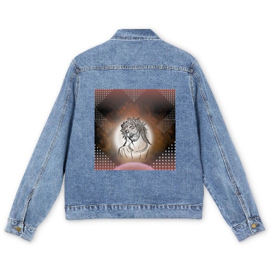 Sacred Jesus with Crown of Thorns Illustration Men's Denim Jackets