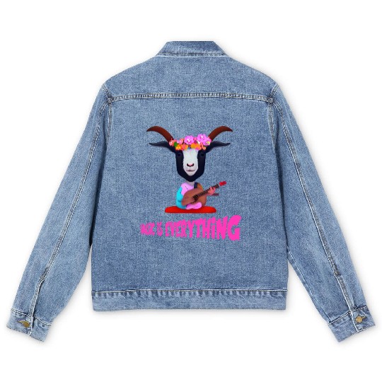 Hippie Goat with flowers on head, playing guitar Men's Denim Jackets