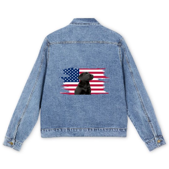 American Flag Dog Black Lab Puppy Men's Denim Jackets