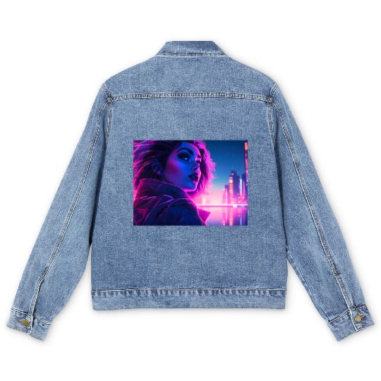 Synthwave girl in front of a neon light city Men's Denim Jackets