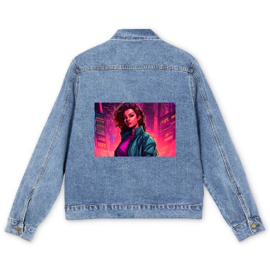 Girl in front of a Neon Pink Cityscape Men's Denim Jackets