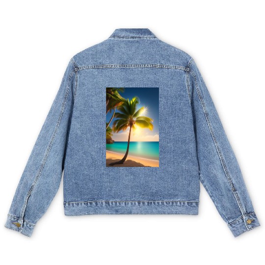 the Palm tree with sun shine logo design Men's Denim Jackets