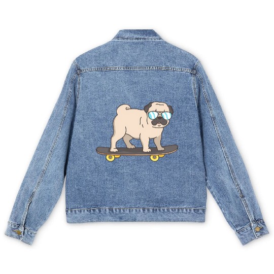 Cartoon Pug With Glasses On A Skateboard Men's Denim Jackets